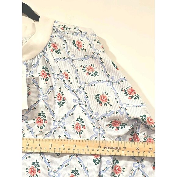 Lanz of Salzburg Red Rose Long Flannel Blue Nightgown Small Cottagecore Floral - Picture 5 of 9
